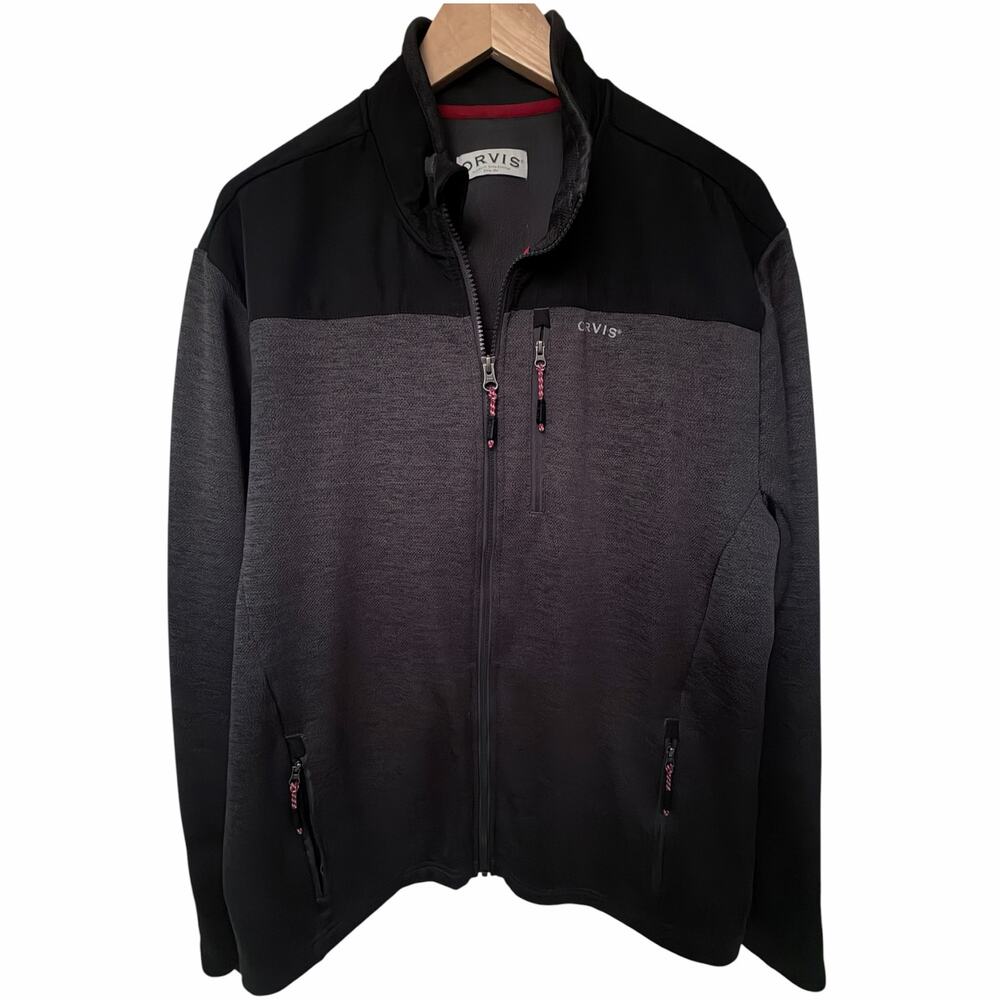 Orvis Men's Full Zip Fleece Jacket Large Black Gray Sweater Knit Outdoor